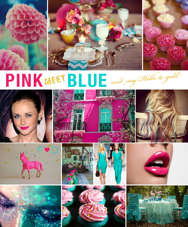 Pink Blue Gold wedding inspiration mood board design ideas cerise