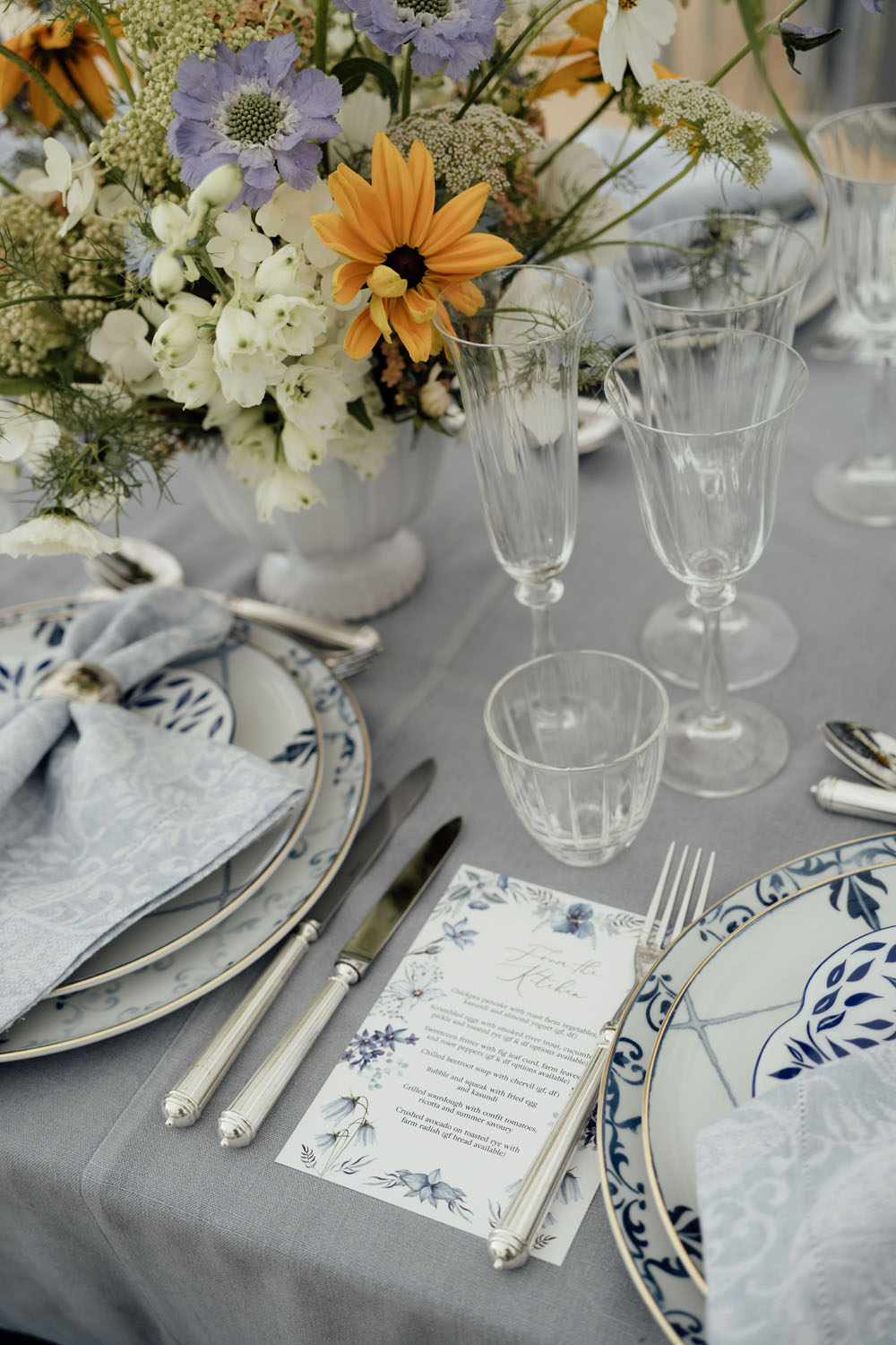 Heckfield Place, Luxury Event, Pocketful of dreams, Event Styling, 60th Birthday, Tablescape, Sunday Brunch Party, Matt Porteous, Kitten Grayson, Skye Gyngell, White and blue party